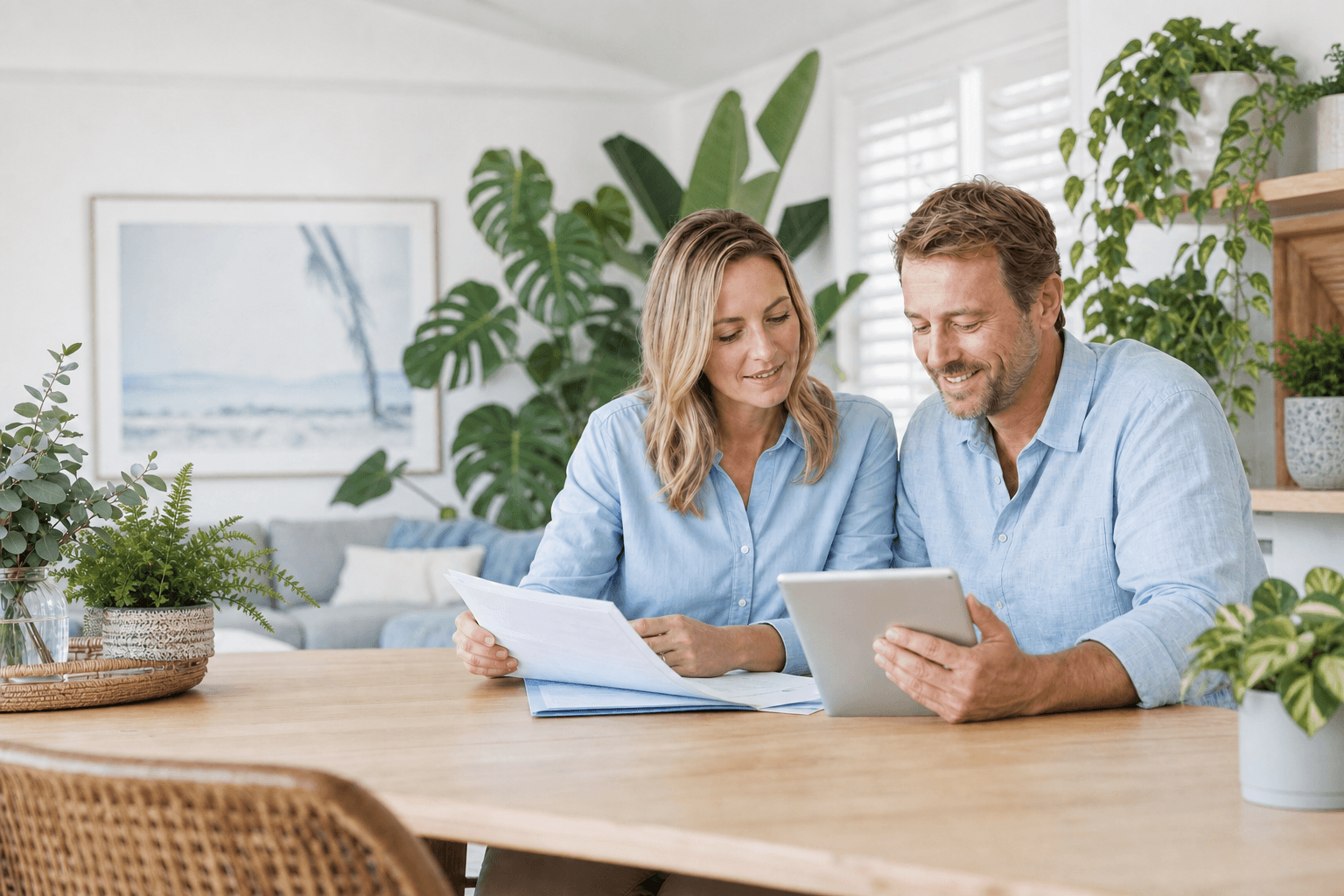 Australian couple reviewing an investment plan together at home